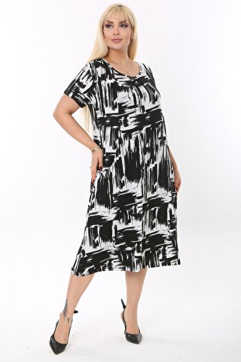 MELSAY Women's Large Size Short Sleeve Black Brushed Pattern Pocket Dress