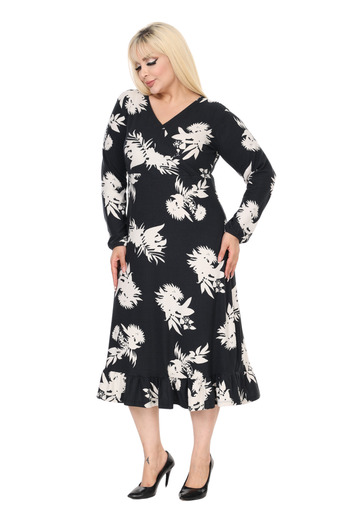 MELSAY Women's Winter Double-Breasted Collar Black Leaf Pattern Skirt Ruffle Dress