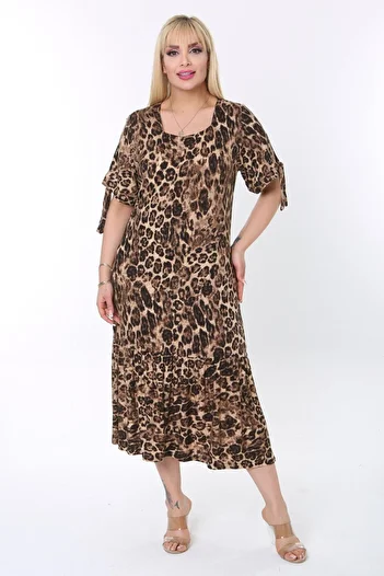 MELSAY Women's Plus Size Sleeves Rope Tie Leopard Pattern Dress