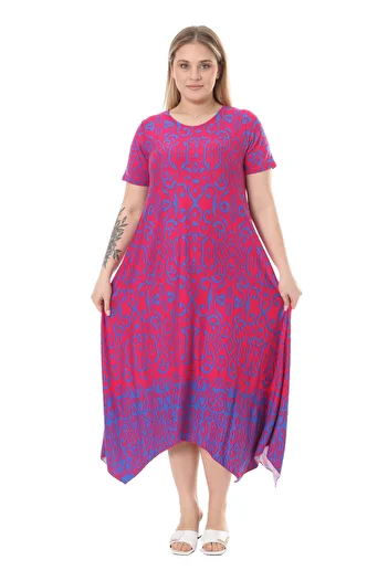 MELSAY Women's Fuchsia Patterned Asymmetrical Cut Short Sleeve Dress