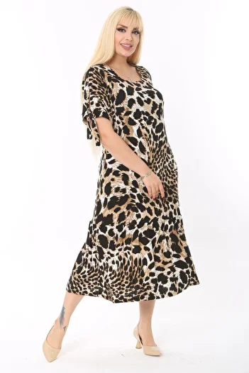 MELSAY Women's Plus Size Sleeves Rope Tie Tiger Pattern Dress