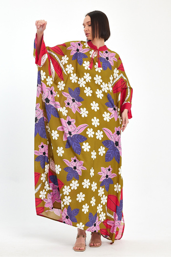 Denismoda Vp1069 Hakim Collar Floral Patterned Plus Size Dress Mustard