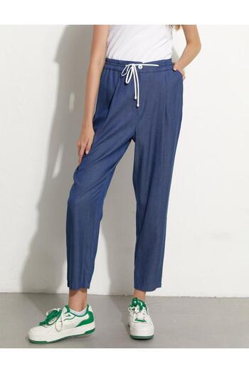 Kayra Elastic Waist Denim Trousers Navy Blue