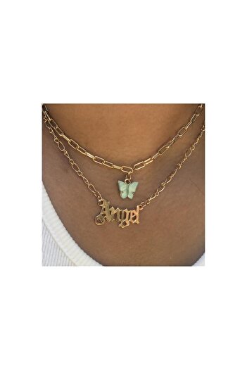 Köstebek Gold Butterfly and Angel Double Necklace Set