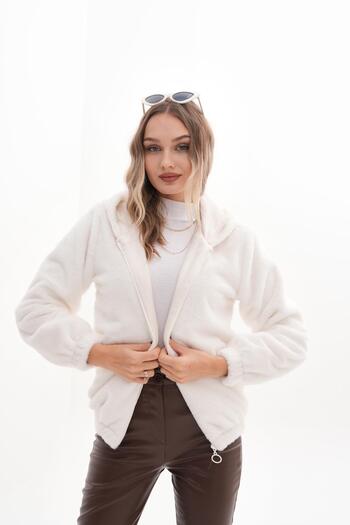 ŞİMAL Women's Hooded Zipper Closure Plush Coat 255122 -