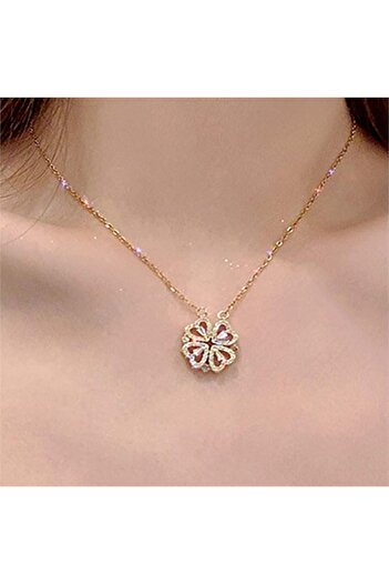 Köstebek Gold Heart Detailed Clover Necklace