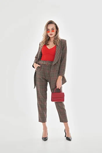 VAPUR TEKSTİL Plaid Blazer Jacket with Padded Shoulders and Snaps on the Front - Red