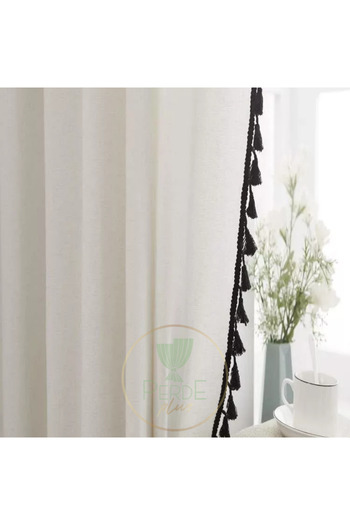 Perdeplus Linen Bohemian Style Tasseled Design Background Curtain
