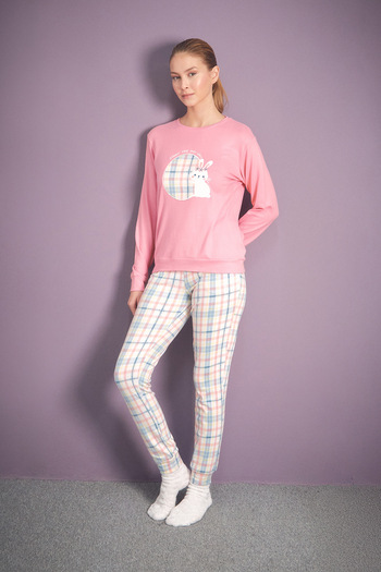 Fulla Moda Rabbit Embroidered Crew Neck 2 Piece Pajamas Set