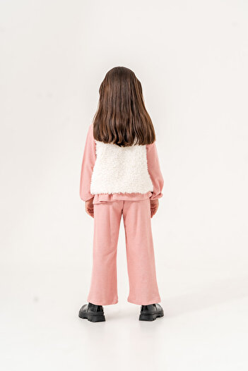 Eray Kids Girl's Double Suit with Plush Ecru Vest and Baby Bottom Top