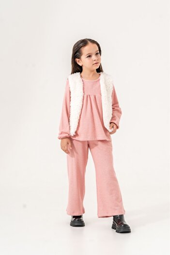 Eray Kids Girl's Double Suit with Plush Ecru Vest and Baby Bottom Top