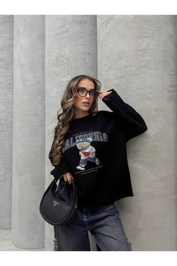 İLKCET MODA Teddy Bear Printed Knitwear Oversize Sweater