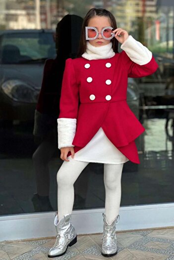 Riccotarz Girl's Red Stamp Coat Suit with Plush Detail