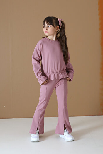 Cansın Mini Pink Slit Detailed Girl's Raised Suit with Gathered Waist and Badi 19742