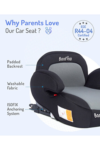 Bonfino Comfort Isofix Car Booster Seat with Back Rest, 6 to 12 Years, 42 x 33 x 23 cm - Grey