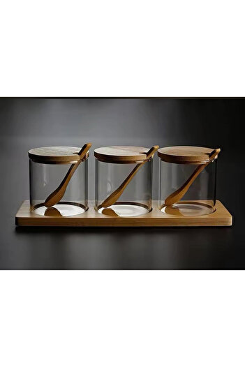 MİMOZA PARK 3-Piece Spice Set with Bamboo Lid and Borasilicate Glass and Spoon (with Bottom Stand as a Gift)