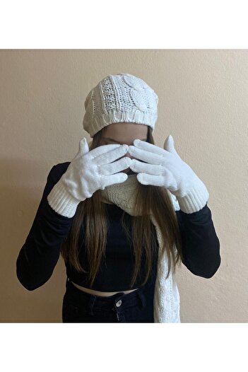 sema aksesuar Women's White Knitted Beret, Scarf and Gloves Set Set - Valentine's Day Winter Set of 3