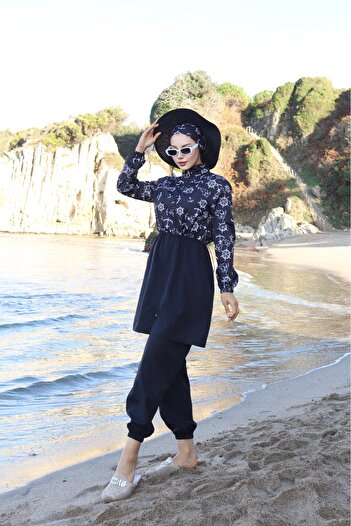 new ats Anchor Patterned 3-Piece Hijab Swimsuit with Adjustable Elastic Waist Black and White