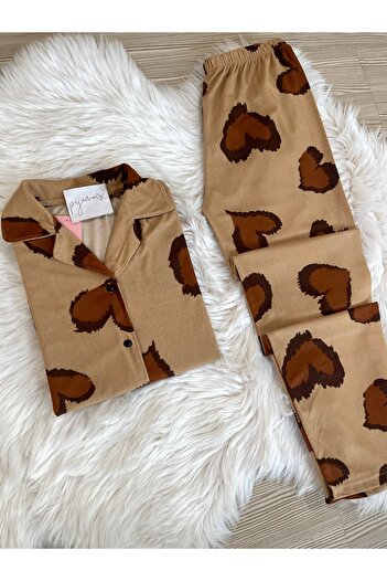 Pijamacs Leopard Heart Print Suede Shirt Collar Long Sleeve Pajamas Set