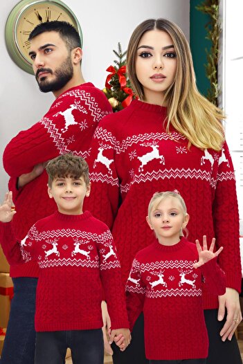 KURGAN TEKSTİL Crew Neck Long Sleeve Christmas Themed Family Combination Knitwear Sweater