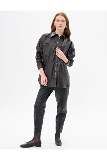 Kayra Dark Brown Faux Leather Snap Jacket
