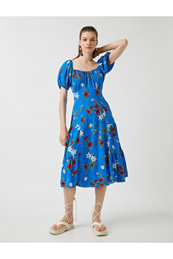 Koton Rochie Midi Viscoza Guler Patrat - Maneca Scurta