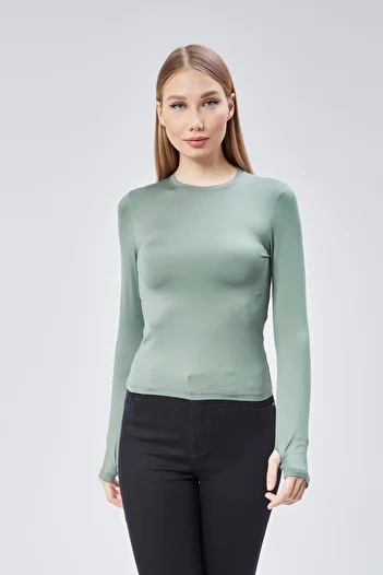Maison La Femme Soldier Green Knitted Basic Crew Neck Long Sleeve Slim Fit Women Body T-Shirt