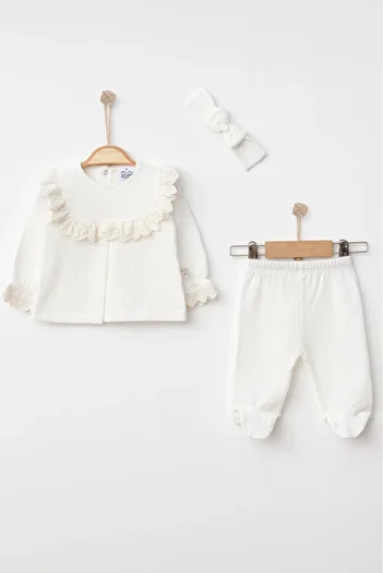 Mini Ropa Ecru Baby Girl Set - Scalloped Bandana and Laced Newborn Outfit