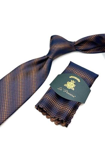 Kravatkolik Orange - Navy Blue Classic Tie with Goose Feet Handkerchief Kk13017
