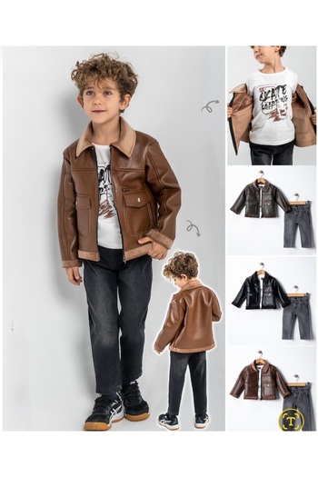Uğur bebe Boys 3 Piece Brown Leather Jacket Sweatshirt Black Jeans Pants Set