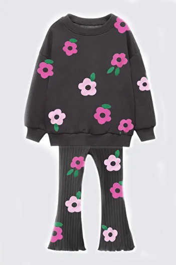 Lolliboomkids Girls 3 Yarn Cotton Fabric Floral Printed Sweatshirt and Spanish Leg Bottom Top Set