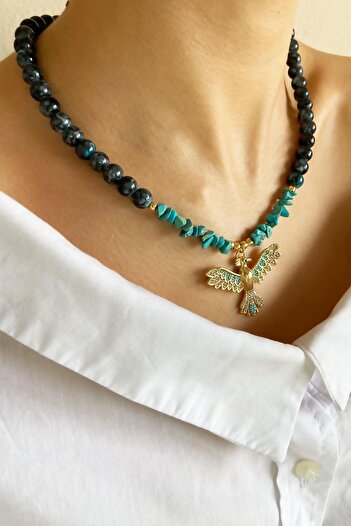 Sose Moda Phoenix End Crystal Glass Beads Natural Stone Necklace - Khaki