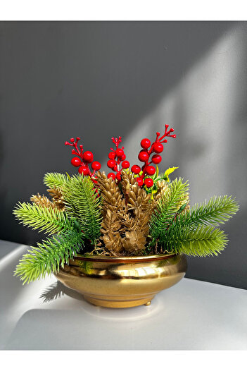 Luvienn New Year's Table Flower in Metal Vase - Gold Metal New Year's Table Decoration with Coccinal - New Year's Gift