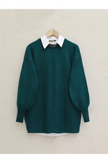 Modamorfo Emerald Color Soft Sweater with Crew Neck and Balloon Sleeve Stripe