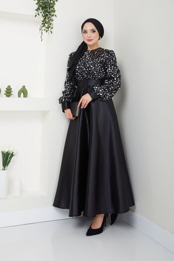 Ayşe Melek Kadın Giyim Abiye Moda Pul Detaylı Saten Abiye 2537