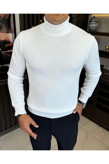 TerziAdemAltun Italian Style Slim Fit Turtleneck Knitwear Male Sweater Ecru T13222