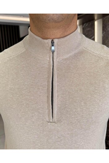 TerziAdemAltun Men's Beige Slim Fit Knitwear Sweater - Half Throat, Zippered T13107