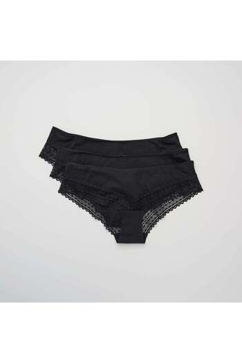 KIABI Pack of 3 cotton and lace boy shorts BLACK