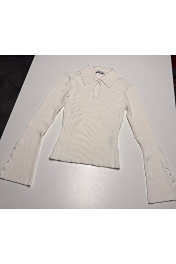 Dilvin Polo Neck Buttoned Ribbed Knitwear Sweater-Ecru
