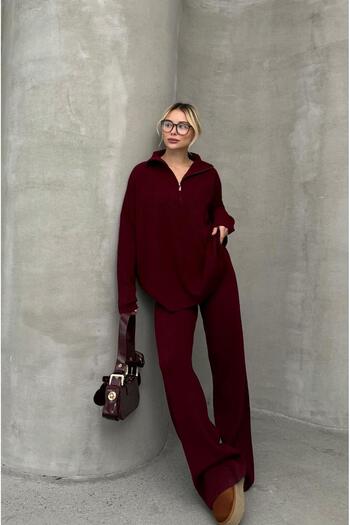 Havoş Set de tricotaje relaxate cu fermoar pentru guler roșu Claret