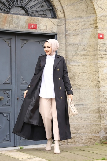 PİNK FLY Μαύρη μακριά γυναικεία καμπαρντίνα Hijab - Διπλό στήθος γιακά και φόδρα