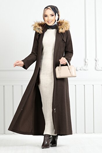 ModaMerve Front Zip Cashew Coat 2058Bgs895-M Coffee