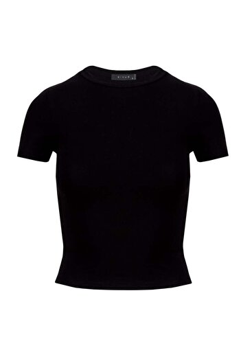 RİVUS Bisiklet Yaka Basic Crop T-Shirt - Siyah