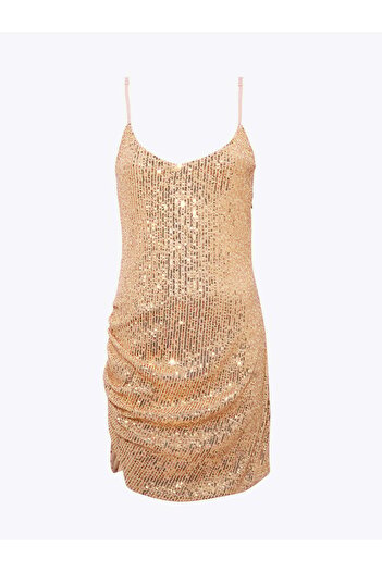 RİVUS Drape Detaylı Askılı Pullu Mini Elbise - Gold
