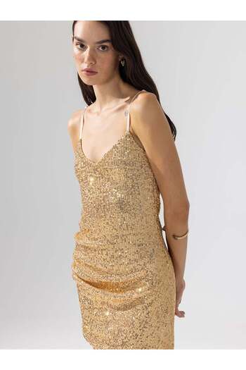 RİVUS Drape Detailed Strappy Sequin Mini Dress - Gold