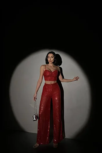 Neşeli Butik Red Sequined Palazzo Crop Suit - Nbdf01