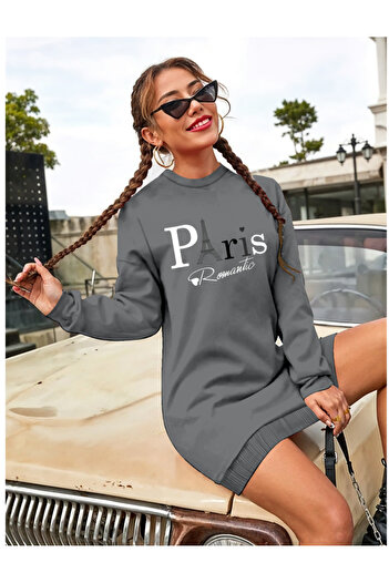 buğrahayalin Women's Long Sleeve Crew Neck Lettered Short Viscose Two Thread Dress