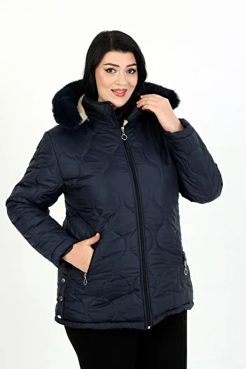 By Alba Collection Women's Navy Blue Woolen Quilted Plus Size Coat
