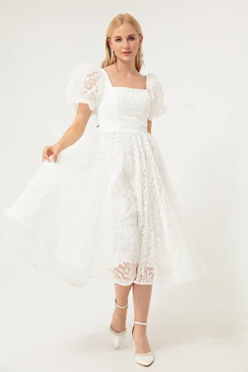 Lafaba Women's White Balloon Sleeve Silvery Midi Evening Dress
