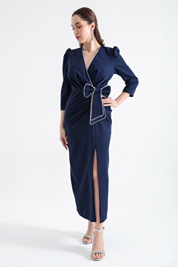 Lafaba Women's Navy Blue Double Breasted Collar Slit Midi Evening Dress